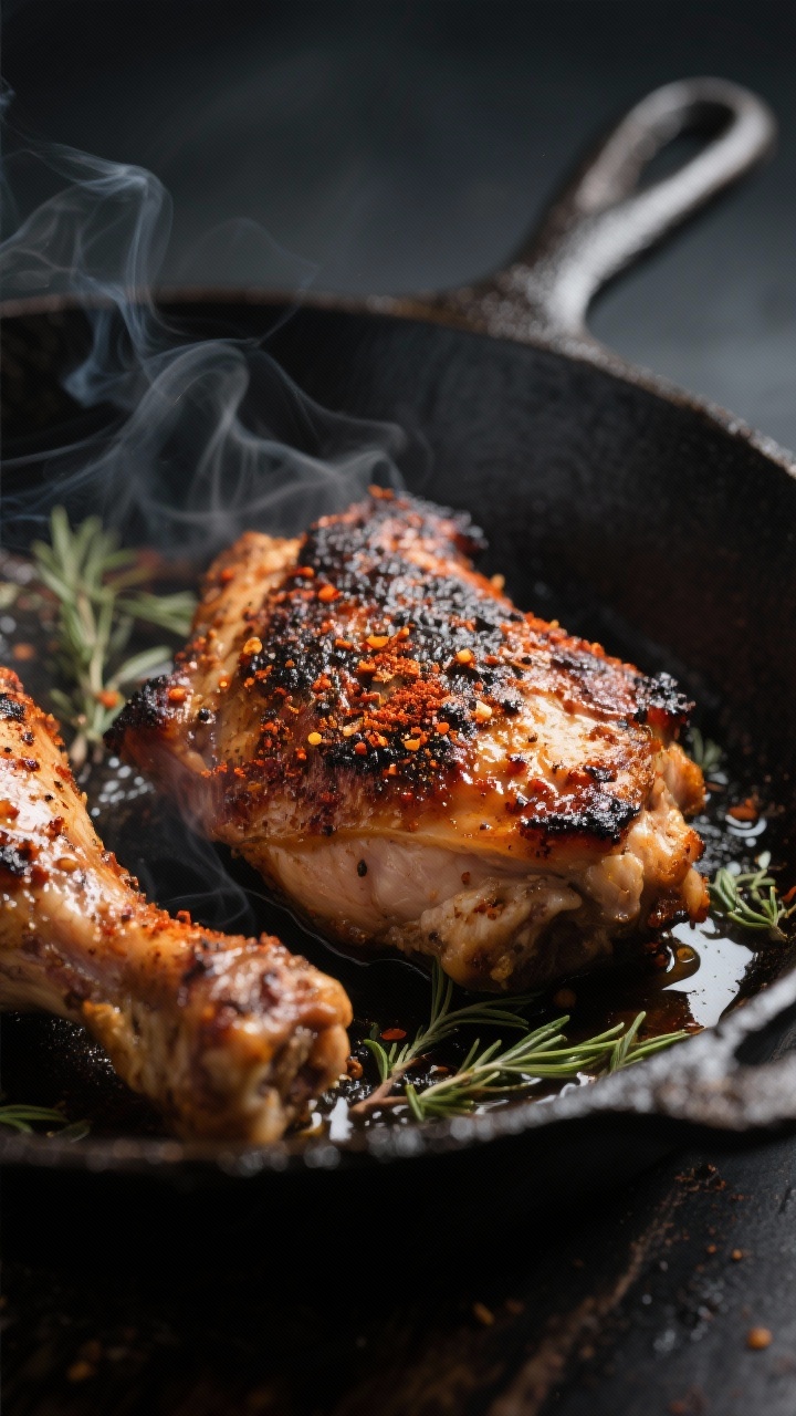 Close-up detail: Sizzling blackened chicken thighs skin-side down in a hot cast-iron skillet, deeply