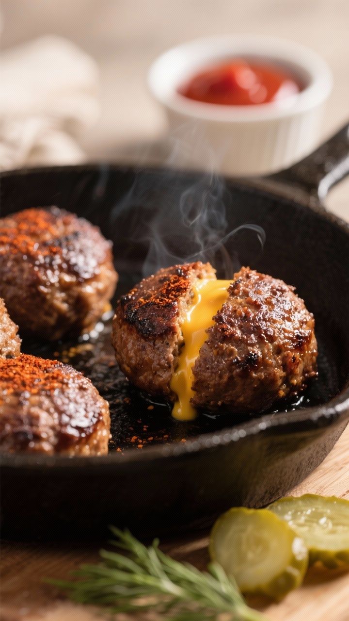 Close-up detail: Sizzling burger balls in a cast-iron skillet mid-sear, deep brown crust forming wit