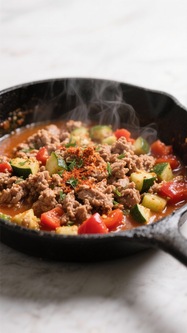 Close-up detail: Sizzling keto ground turkey in a black skillet mid-cook, showing browned crumbled t