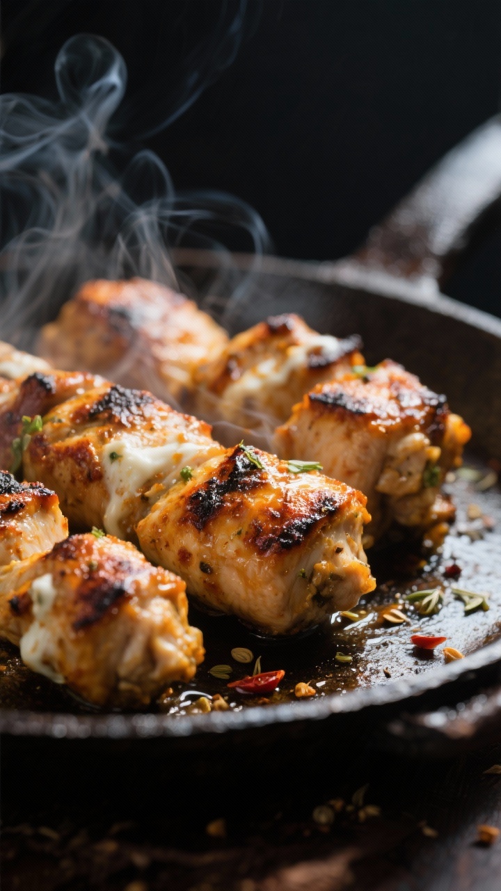 Close-up detail: Sizzling, lightly charred chicken tikka pieces just off the skillet, glistening wit