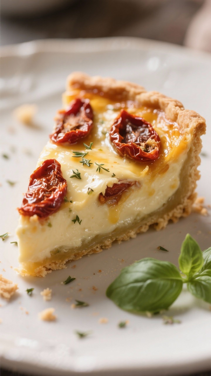 Close-up detail: Slice of sun dried tomato quiche just cut, custard creamy and set with a slight jig