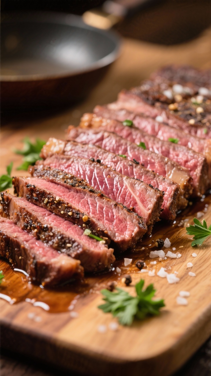 Close-up detail — Sliced against the grain: Thin slices of medium-rare London broil fanned on a wo