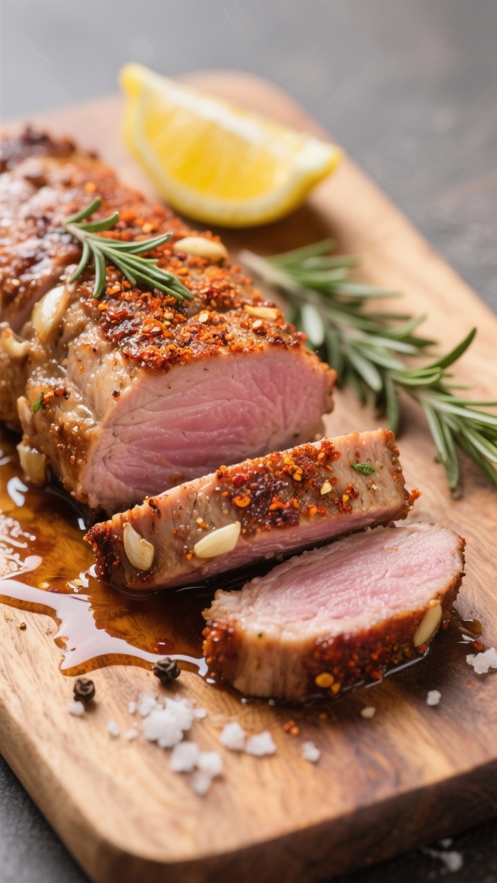 Close-up detail: Sliced air fryer pork loin showing a juicy, faintly pink center at 145°F with a de