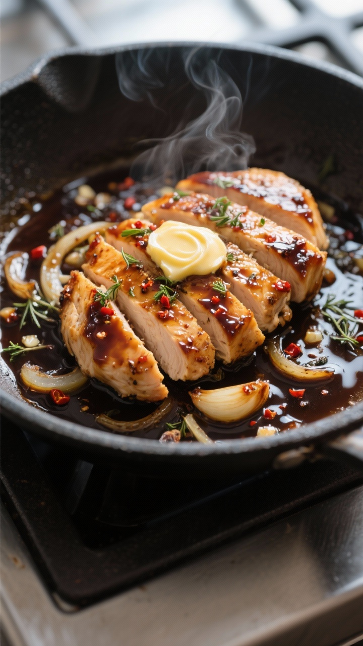 Close-up detail: Sliced balsamic-glazed chicken breast in a skillet, glossy reduced sauce clinging t