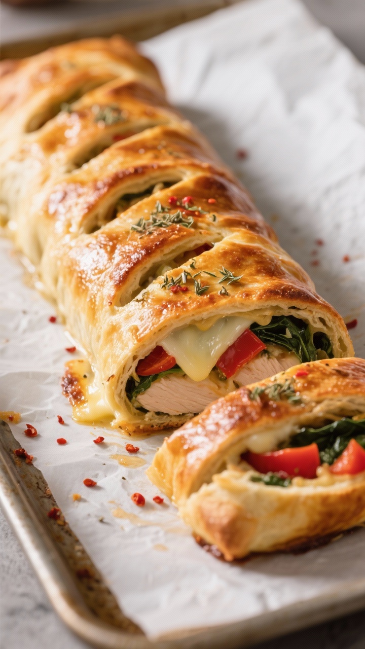 Close-up detail: Sliced chicken stromboli just out of the oven, showing deep golden-brown, glossy cr