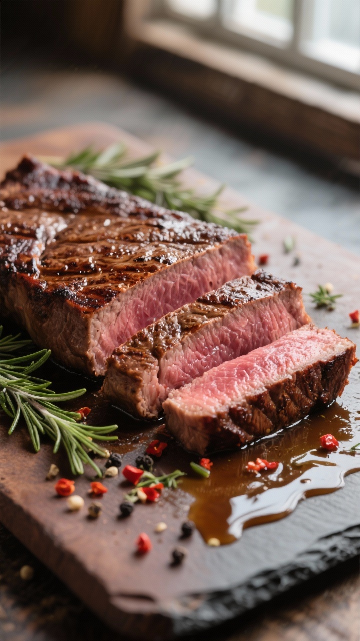 Close-up detail: Sliced medium-rare flank steak just after resting, deep brown crust with visible se