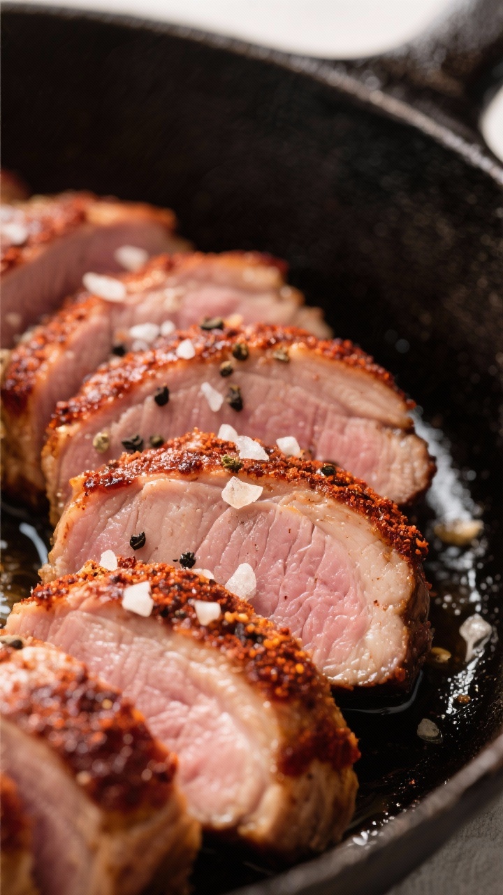 Close-up detail: Sliced pork tenderloin medallions with a deep mahogany smoked-paprika crust, visibl