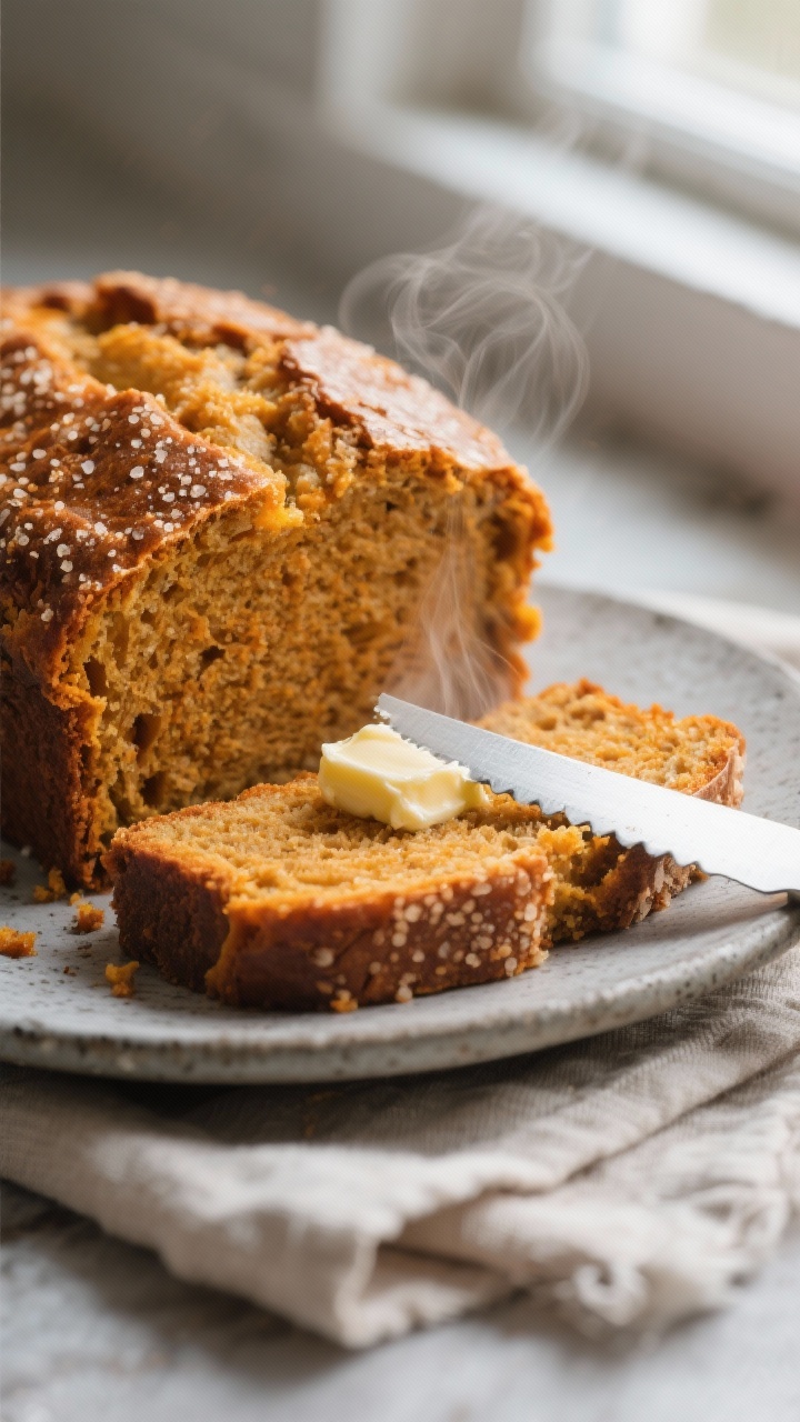 Close-up detail: Sliced pumpkin bread showing a moist, tender crumb with a glossy crackly top and tu
