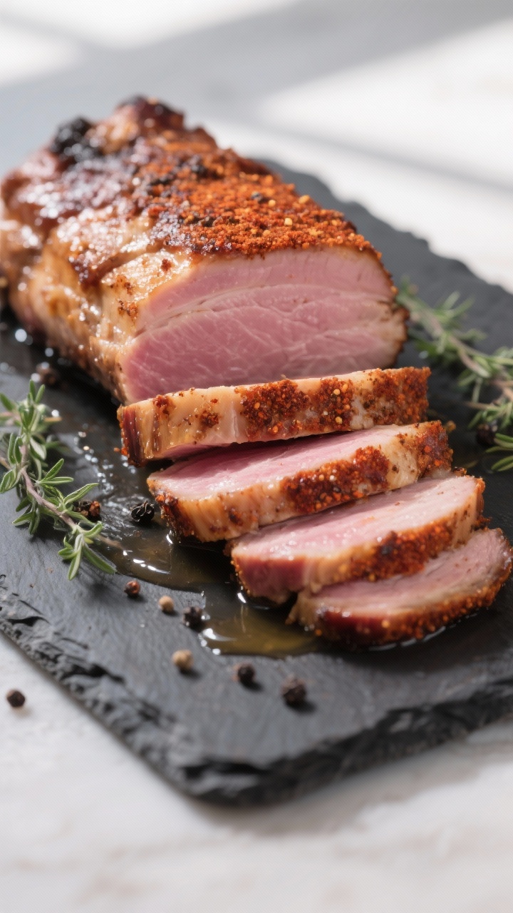Close-up detail: Sliced smoked pork loin showing juicy pink center (pulled at 140°F, rested), thin