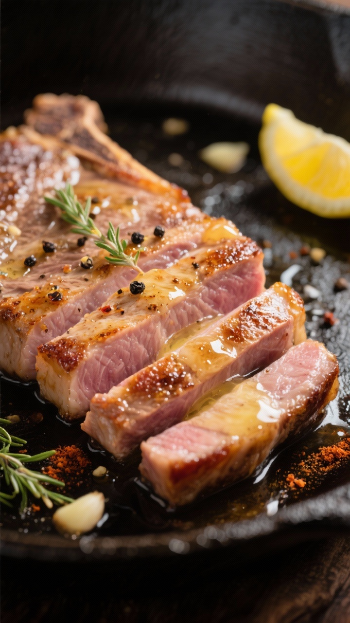 Close-up detail: Sliced sous vide pork chop showing perfectly even doneness edge-to-edge at 140°F, 