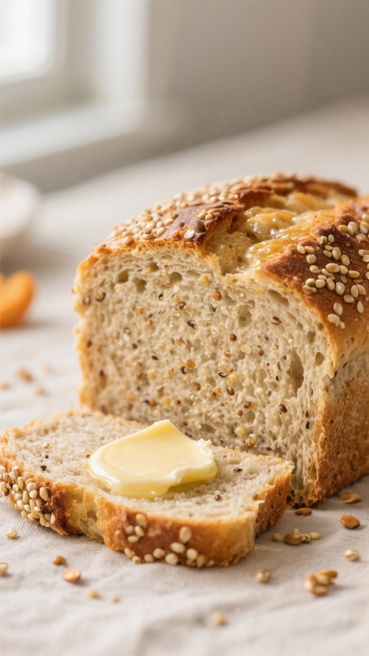 Close-up detail: Sliced sprouted quinoa bread showing tender, even crumb with tiny quinoa flecks and