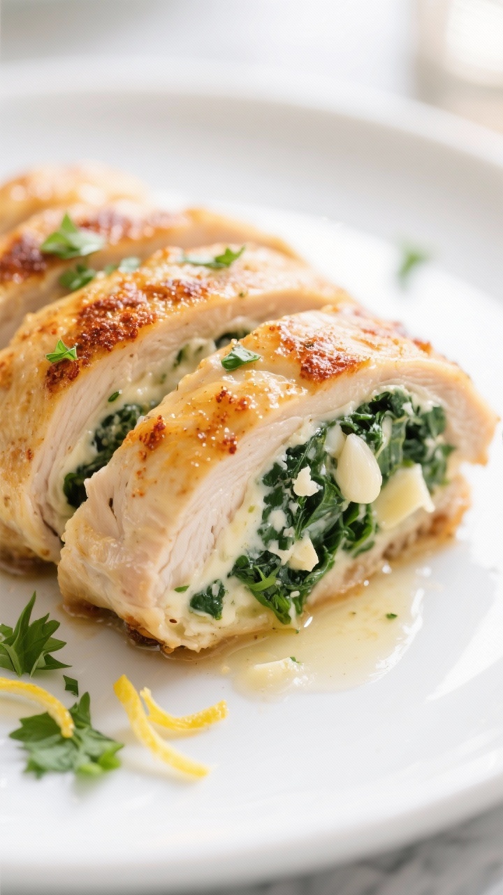 Close-up detail: Sliced stuffed chicken breast revealing a creamy spinach, mozzarella, and Parmesan 