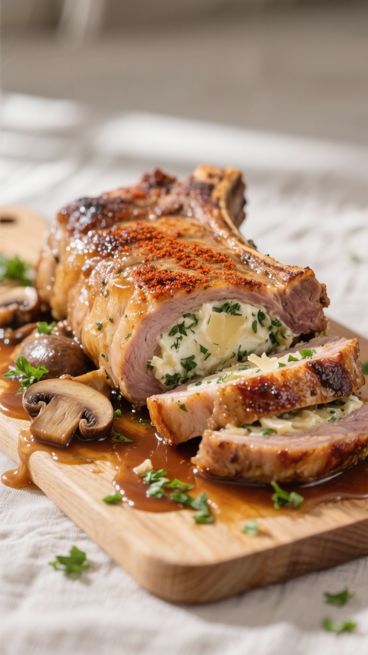 Close-up detail: Sliced stuffed pork chop on a cutting board, showing creamy herb-flecked filling (c