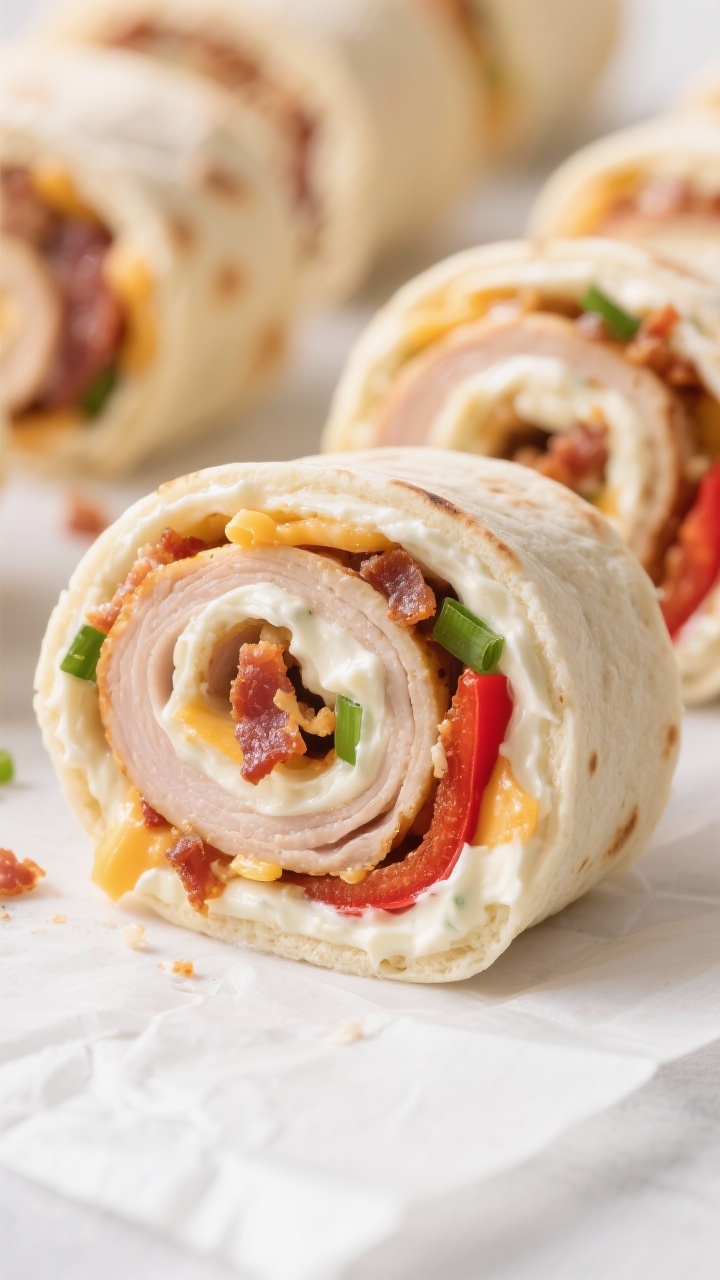 Close-up detail: Sliced Turkey Bacon Ranch Pinwheels after chilling, showing tight spirals of oven-r
