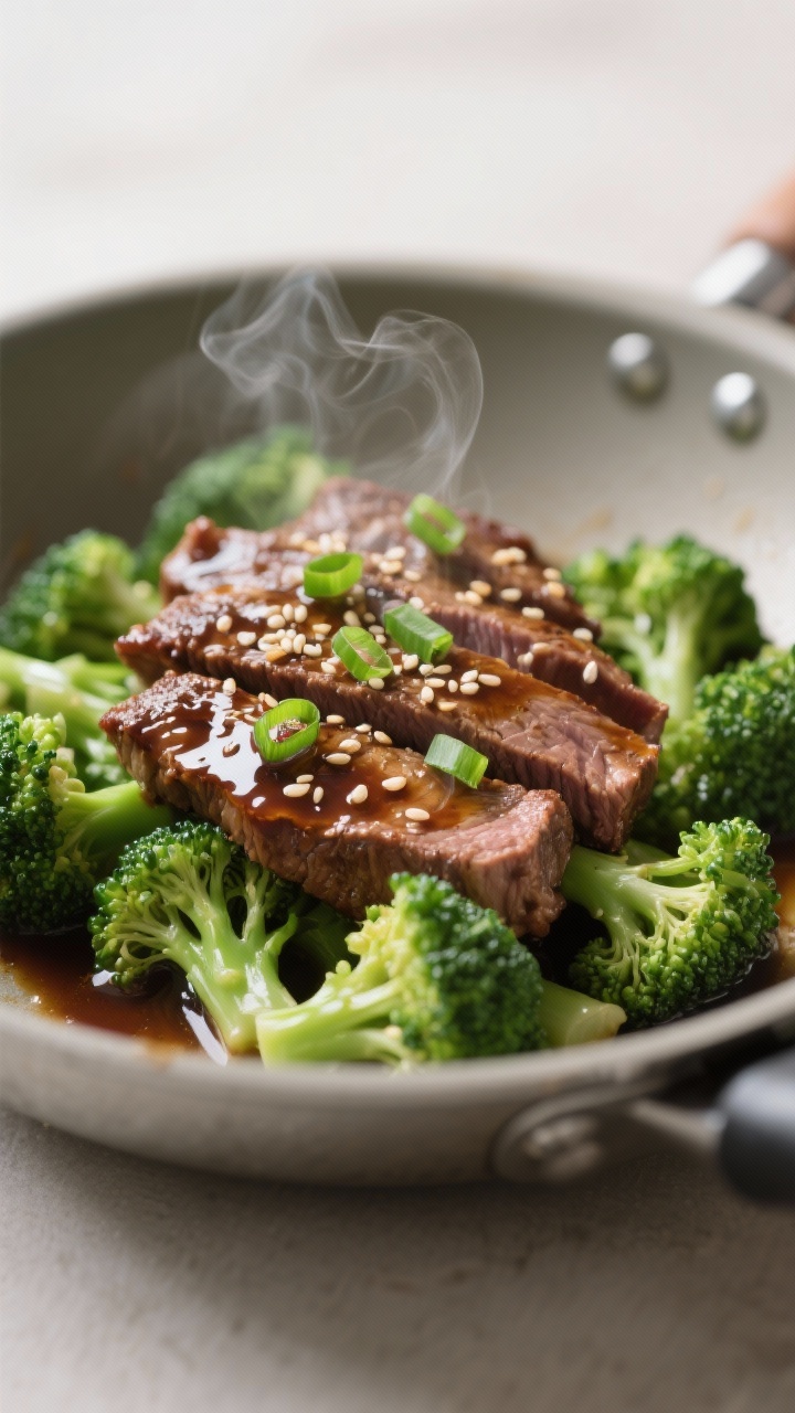 Close-up detail: Slices of seared flank steak glistening in a glossy soy–oyster sauce, nestled amo