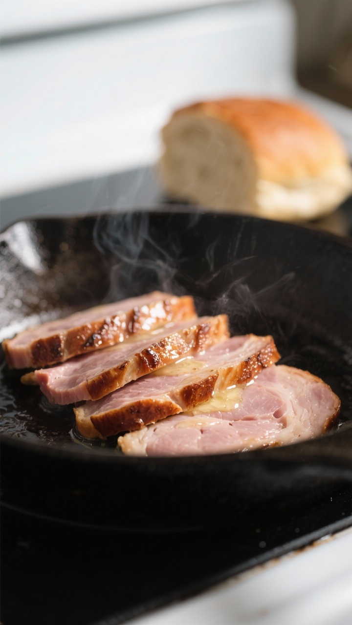 Close-up detail: Slices of Taylor ham (pork roll) searing in a skillet, edges scored and curling sli