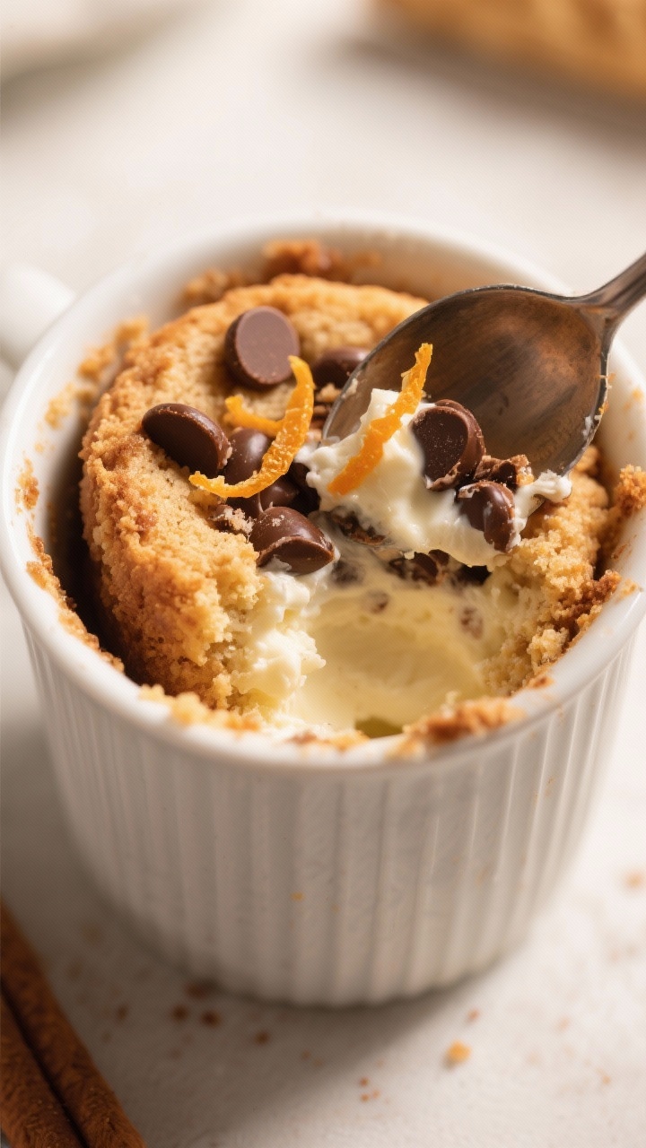 Close-up detail – Spoon breaking into the warm cannoli mug cake to reveal the soft, tender crumb a