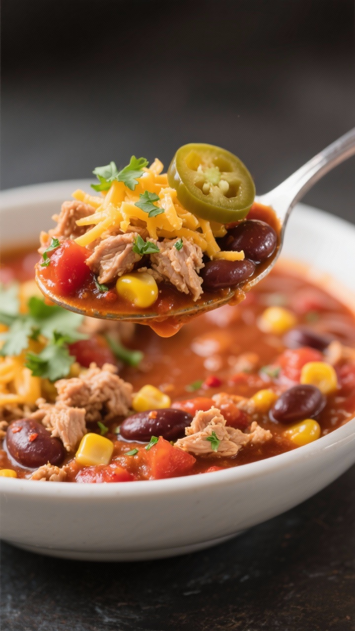Close-up detail: Spoonful of finished turkey taco chili lifted above the bowl, showcasing tender tur