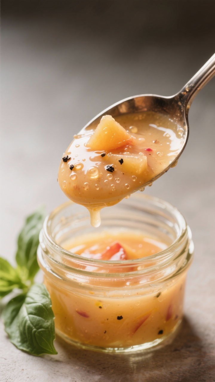 Close-up detail: Spoonful of peach vinaigrette dripping back into a small glass jar, ultra-creamy, g
