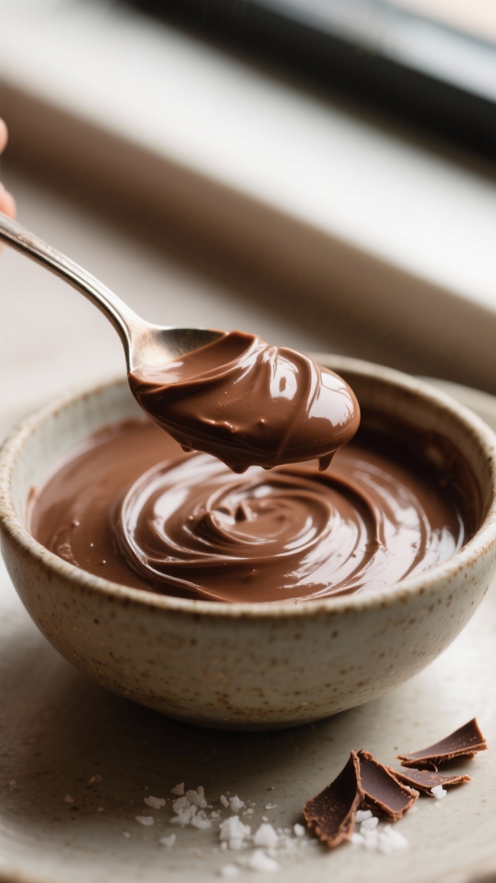 Close-up detail: Spoonful of warm chocolate pudding being lifted from a ceramic bowl, showing ultra-
