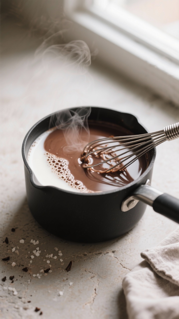 Close-up detail: steaming sugar-free hot chocolate being whisked into a silky, lump-free consistency