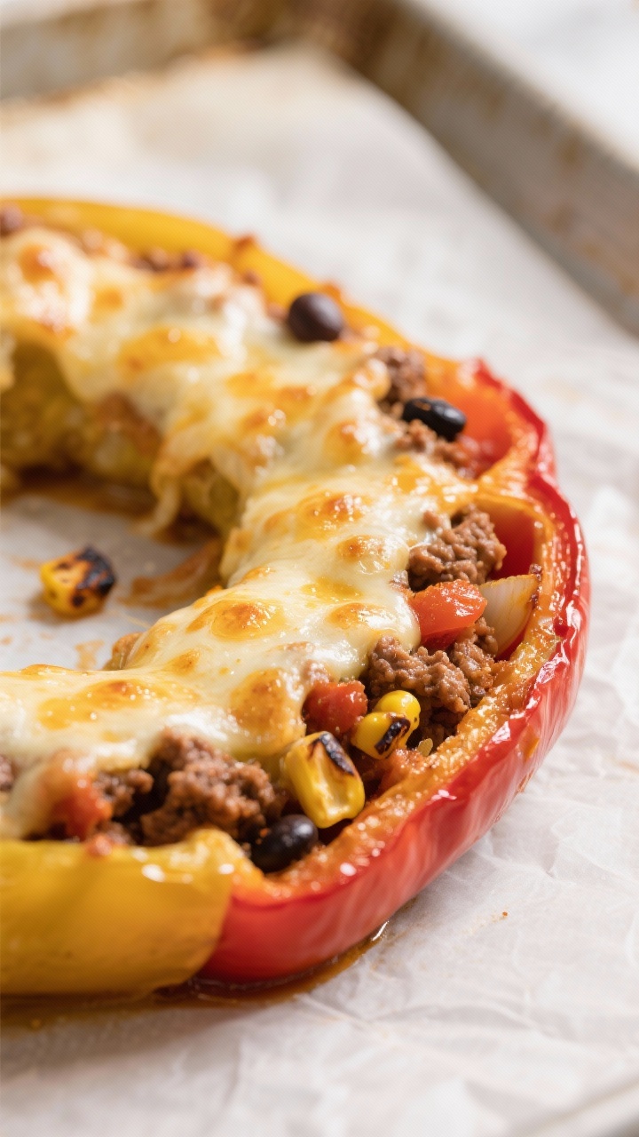 Close-up detail: Taco stuffed pepper ring just out of the oven, cheese melted and bubbly with light 