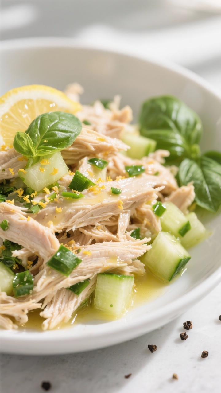 Close-up detail: Tender shredded chicken tossed in a glossy lemon-basil dressing, flecks of bright g