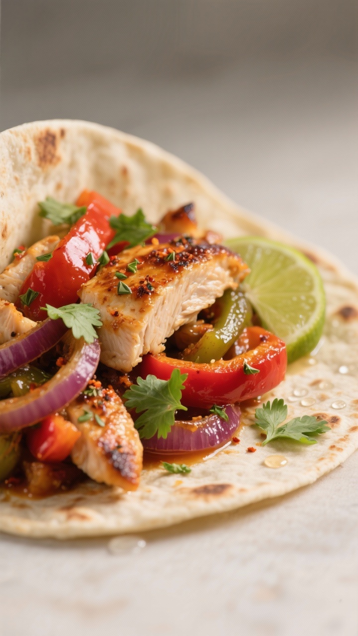 Close-up detail, texture and finish: Extreme close-up of a tortilla loaded with baked chicken fajita