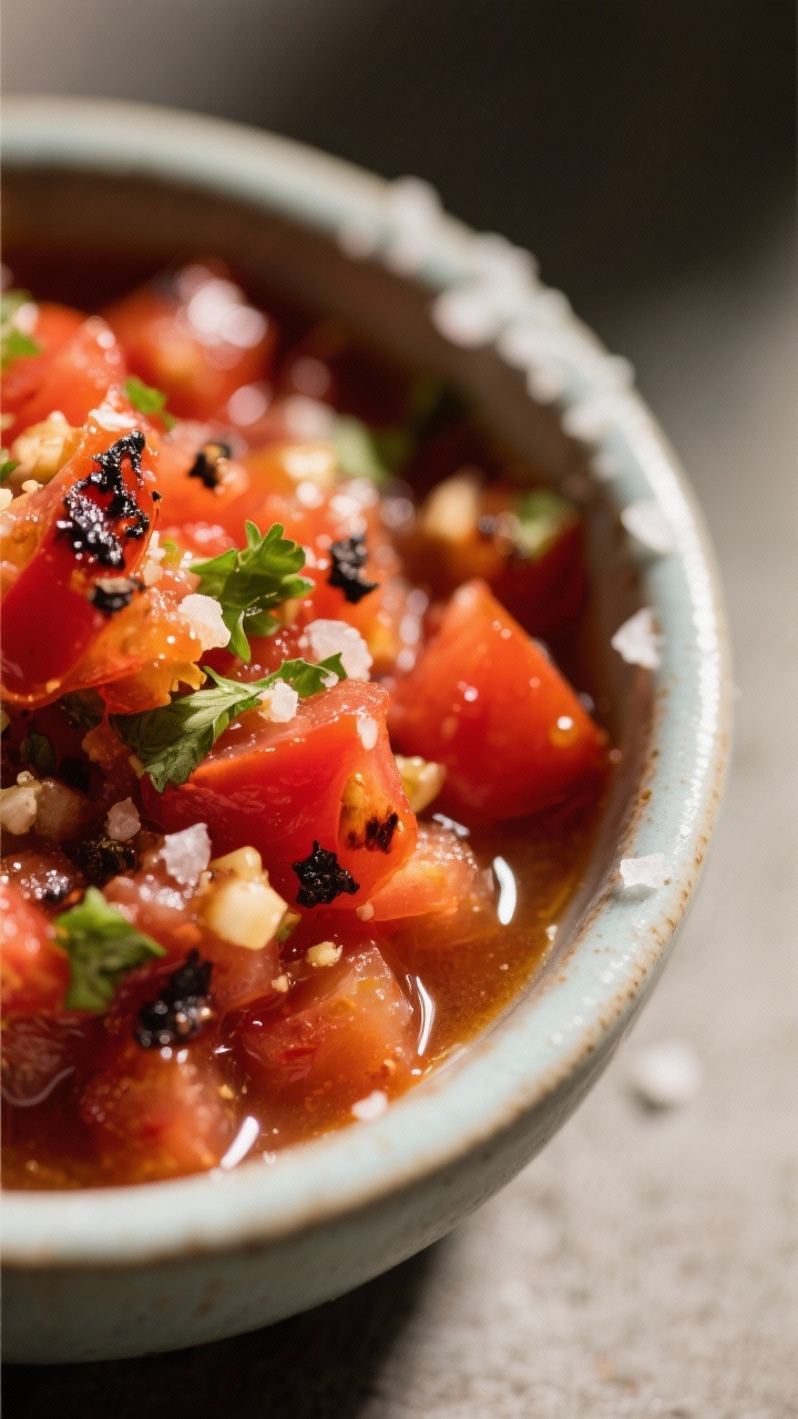 Close-up detail, texture-forward: Extreme close-up of freshly blended roasted jalapeno salsa in a sm