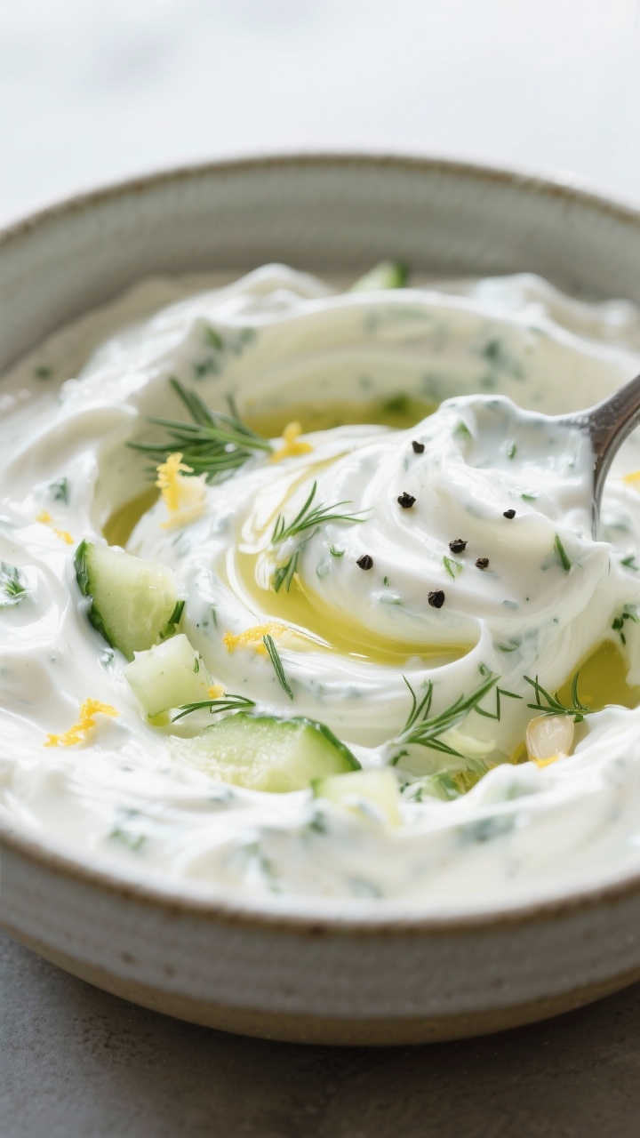 Close-up detail: Thick, creamy keto tzatziki being stirred in a ceramic bowl, ribbons of full-fat Gr