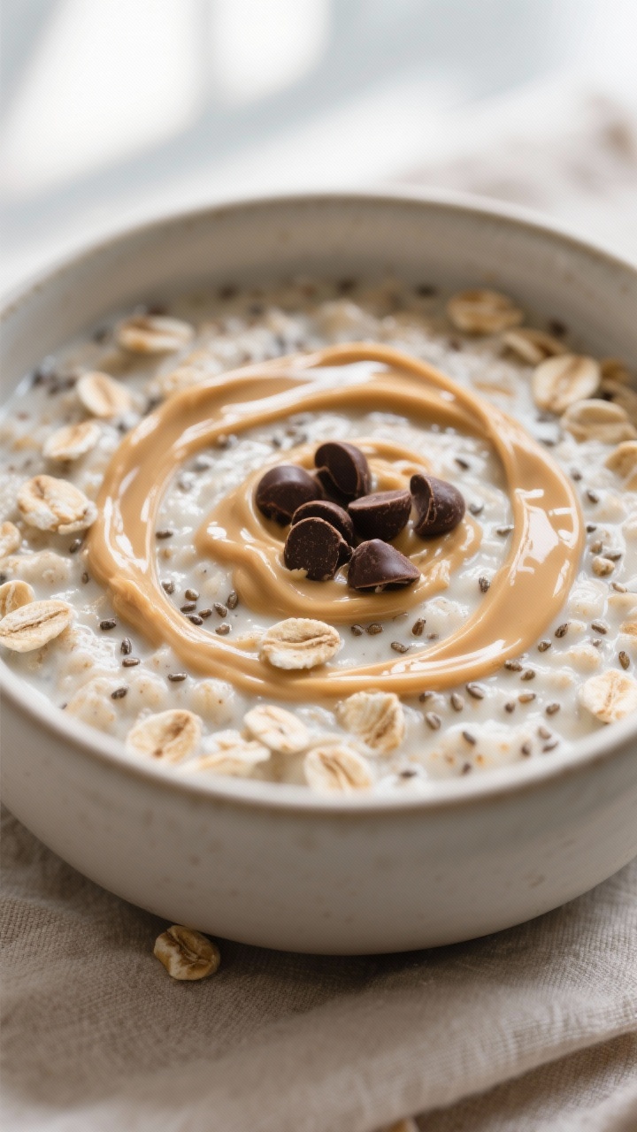 Close-up detail: Thick, creamy protein overnight oats just stirred in the morning, showing plump rol