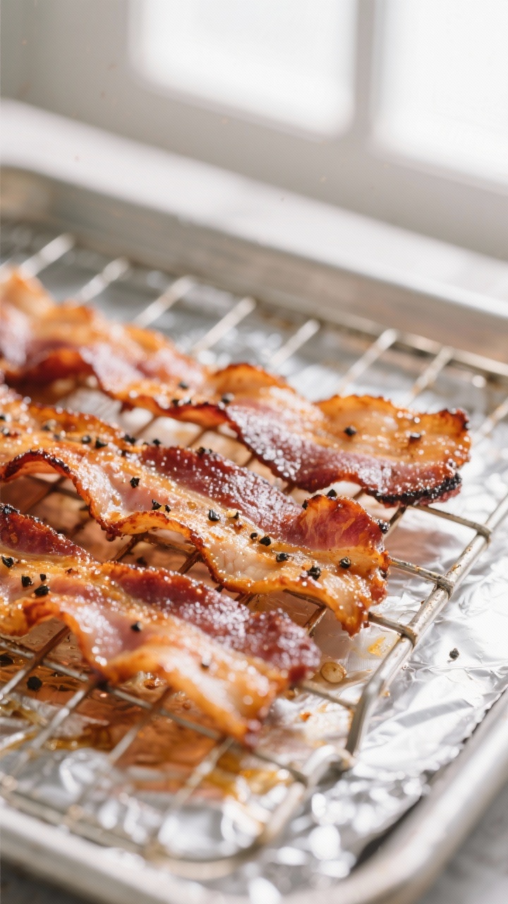 Close-up detail: Thick-cut broiled bacon just out of the oven, crisp rippled edges with deep golden-