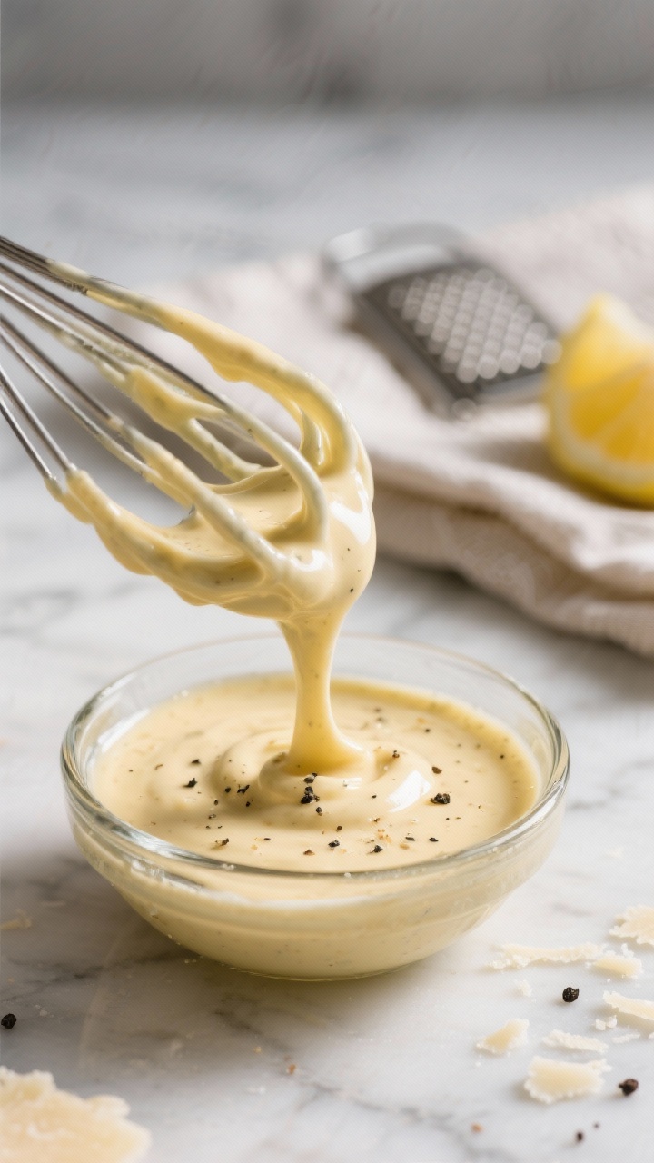 Close-up detail: Thick, glossy Caesar dressing ribboning off a whisk into a small glass bowl, showin