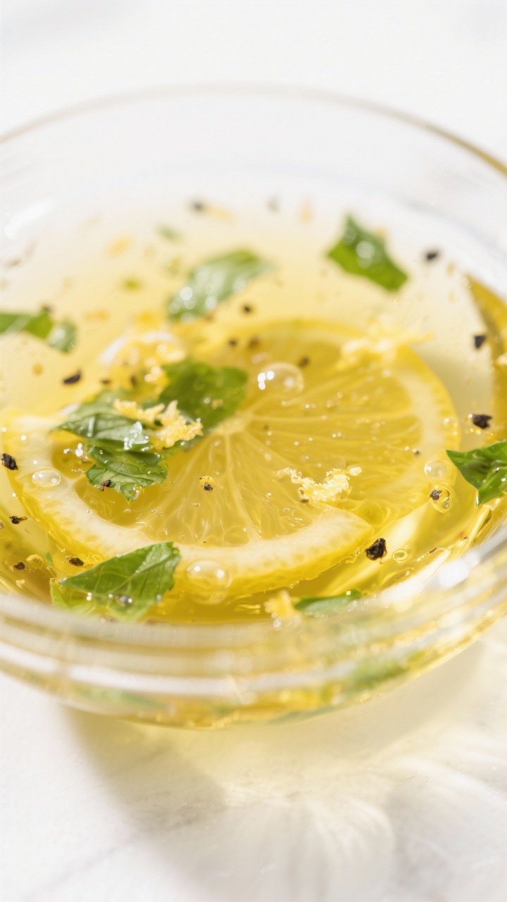 Close-up detail: Thick, glossy lemon basil vinaigrette mid-emulsion in a clear glass bowl, ribbons o