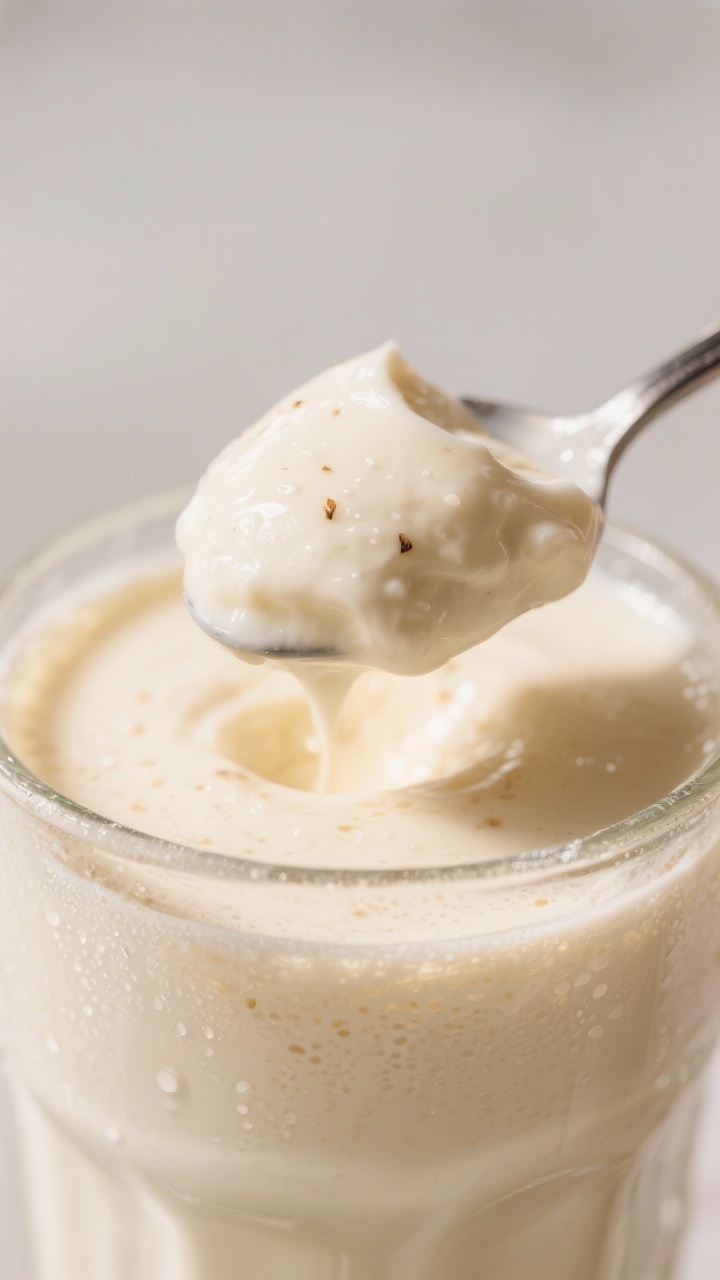 Close-up detail – Thick, spoonable shake texture: Macro side angle of a chilled glass filled with 