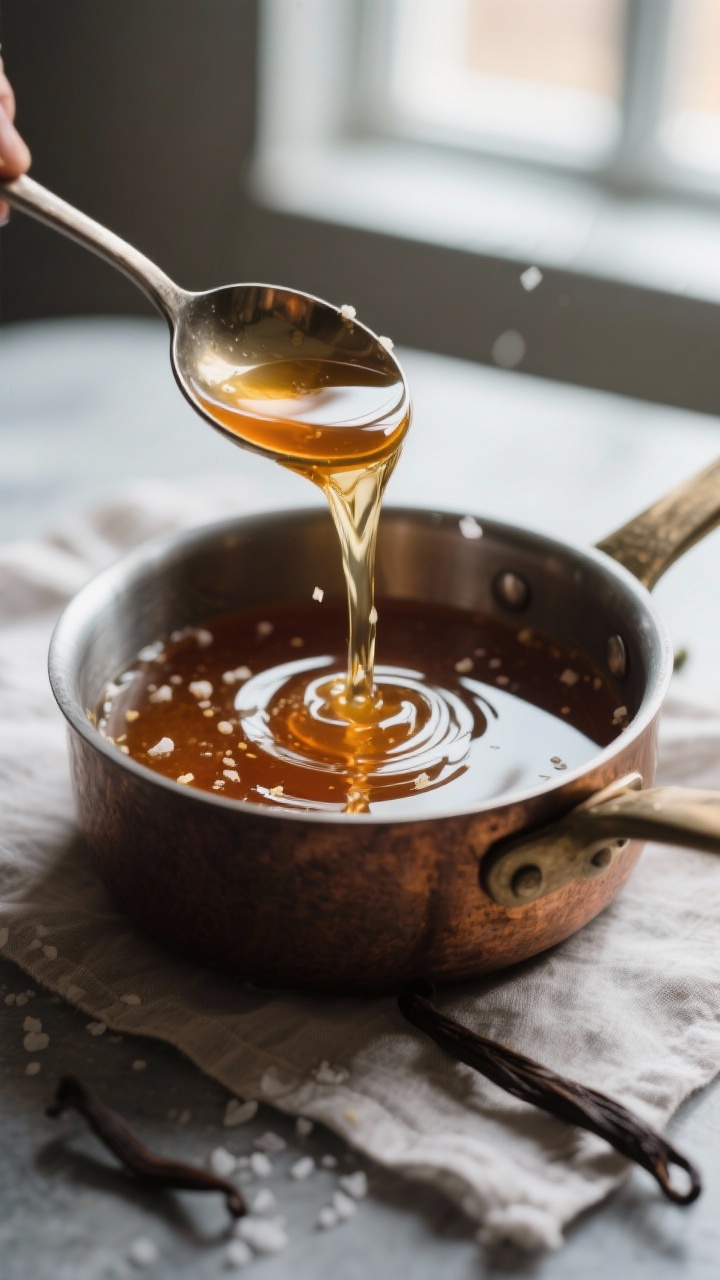 Close-up detail — Thickened keto simple syrup pouring in a smooth ribbon from a small ladle back i