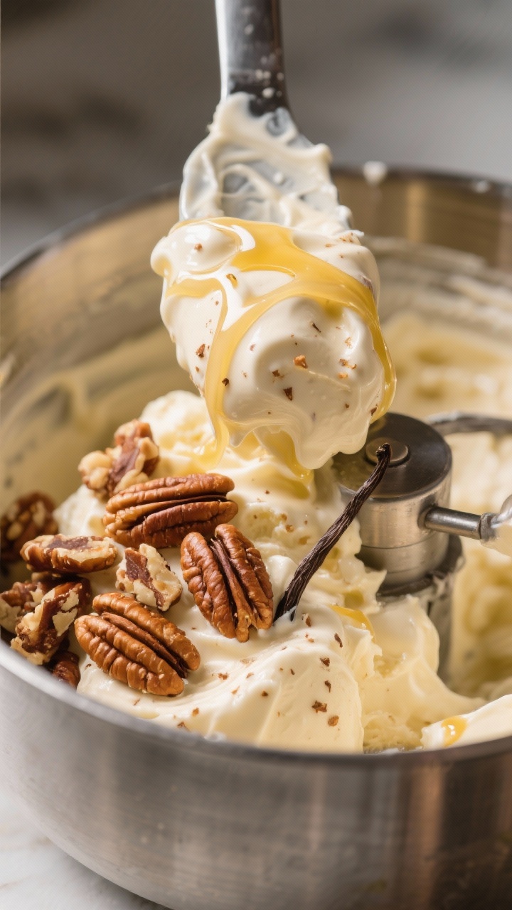 Close-up detail: Toasted butter pecans being folded into churned keto butter pecan ice cream at soft