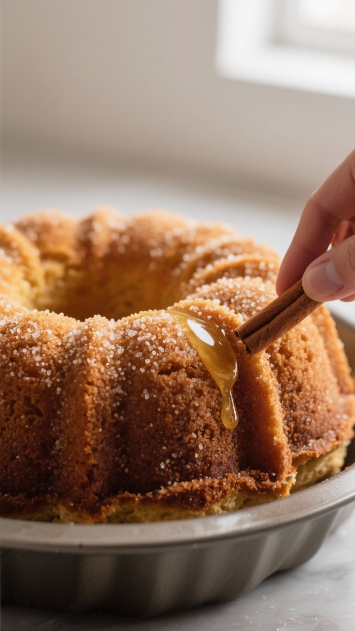 Close-up detail: Warm apple cider donut bundt cake just released from the pan and brushed with melte