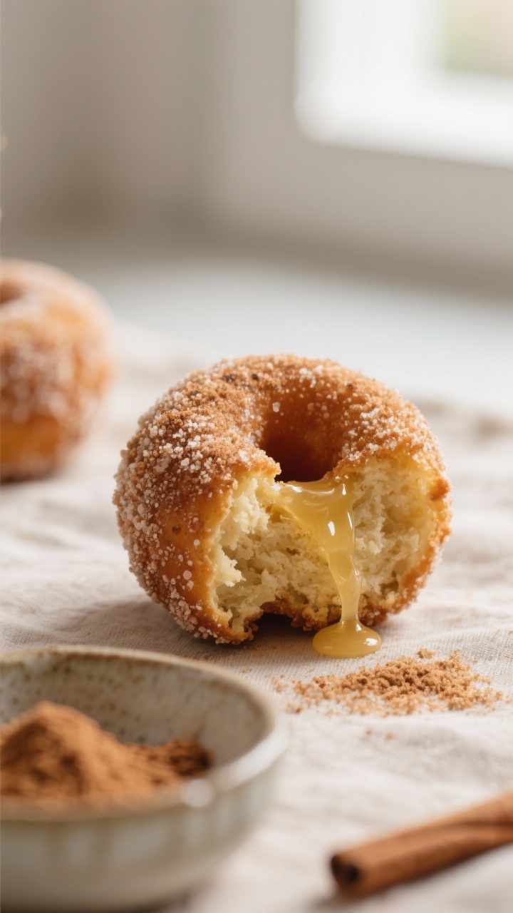 Close-up detail: Warm keto donut hole just brushed with melted butter and rolled in cinnamon “suga