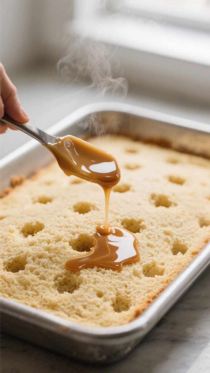 Close-up detail: Warm vanilla poke cake just after poking, with a glossy coffee–sweetened condense