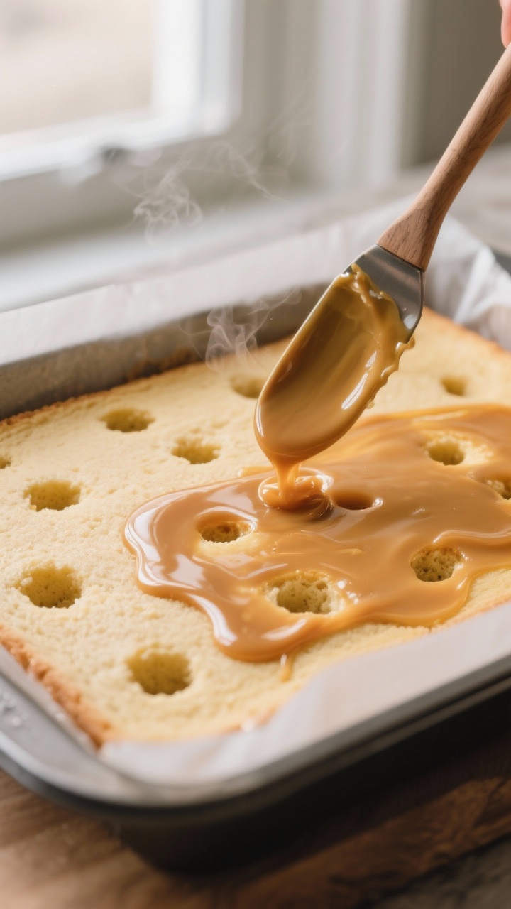Close-up detail: Warm vanilla sheet cake in a 9x13 pan just out of the oven, wooden spoon handle pok