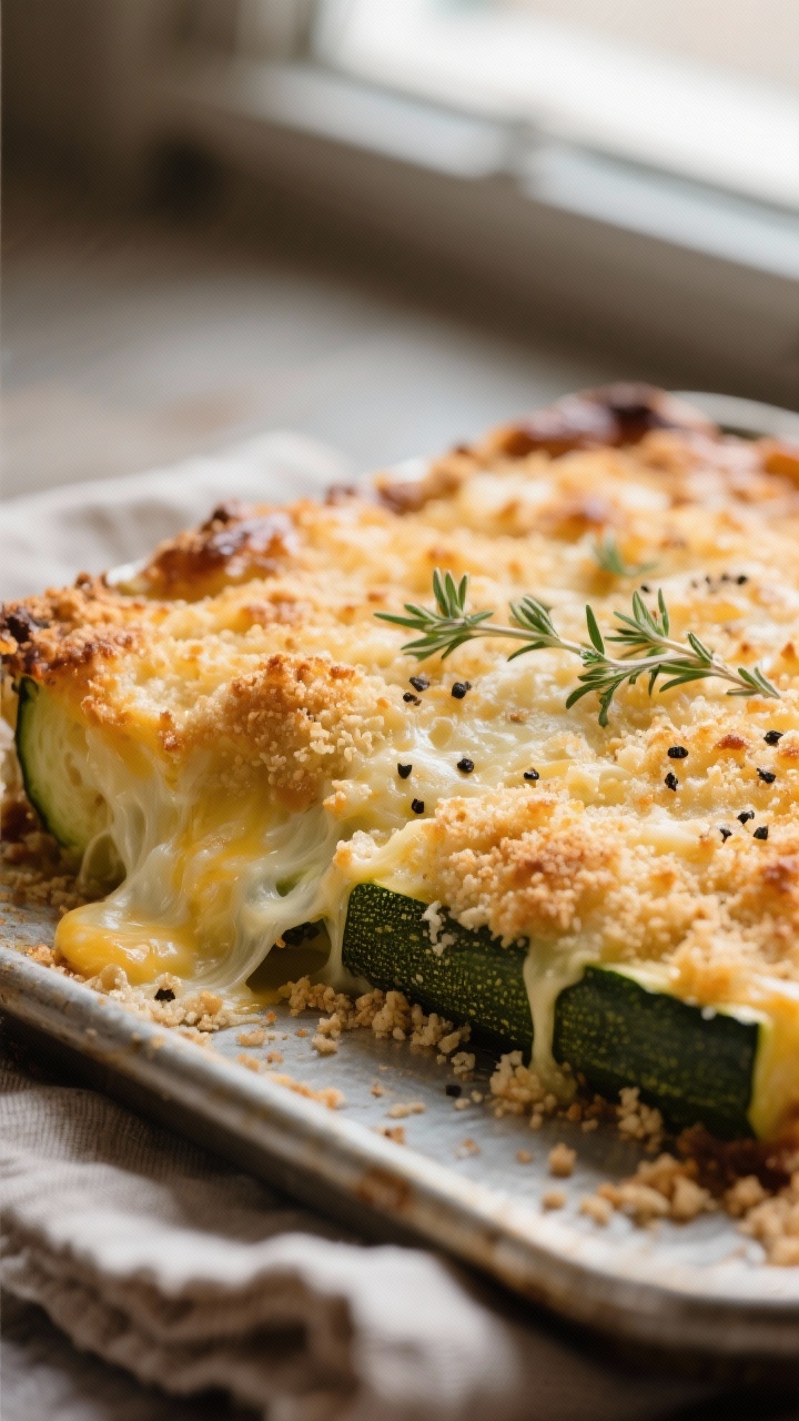 Close-up detail: Zucchini gratin just out of the oven, bubbling edges with a deeply golden, crisp to