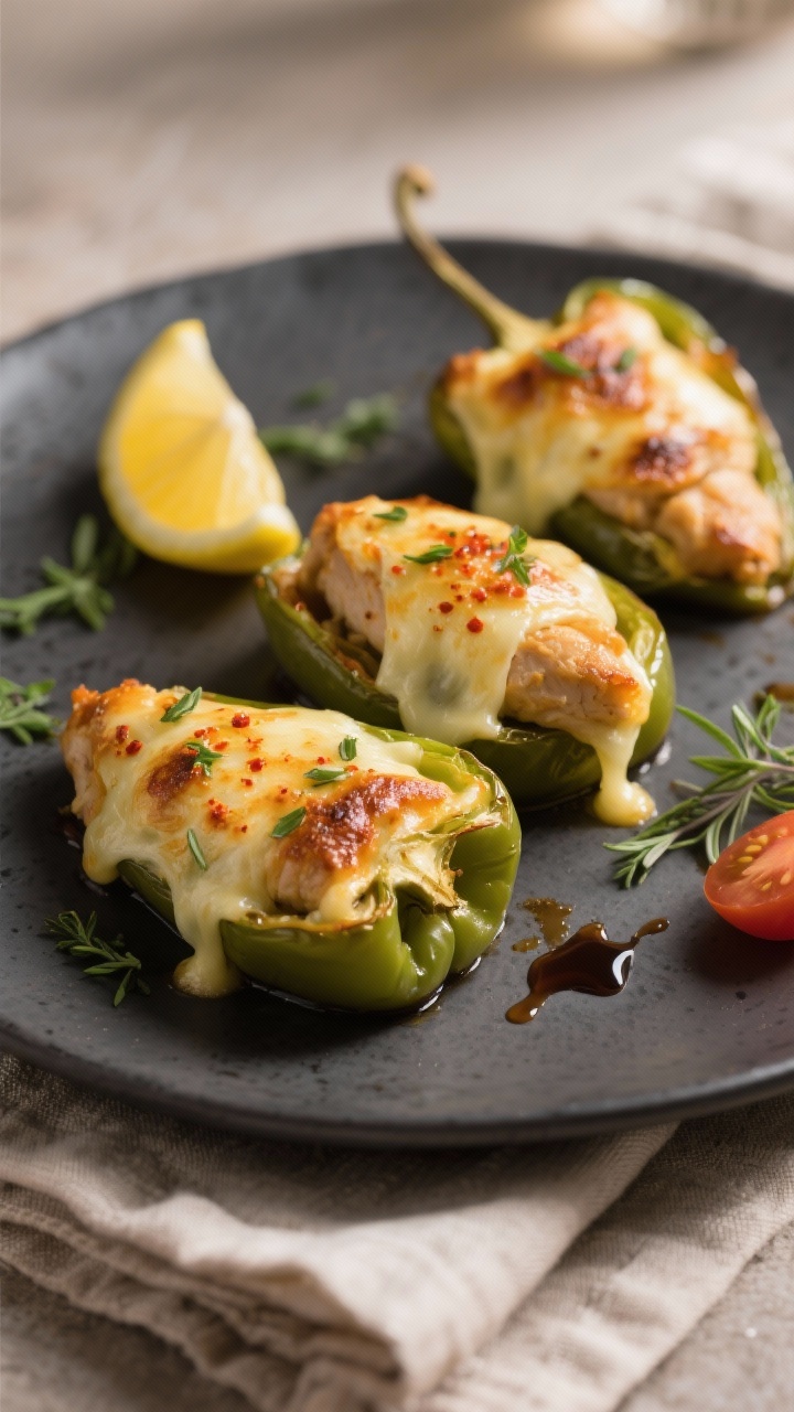 Close-up plated serving: Three baked mini chicken stuffed peppers on a matte charcoal plate, cheese