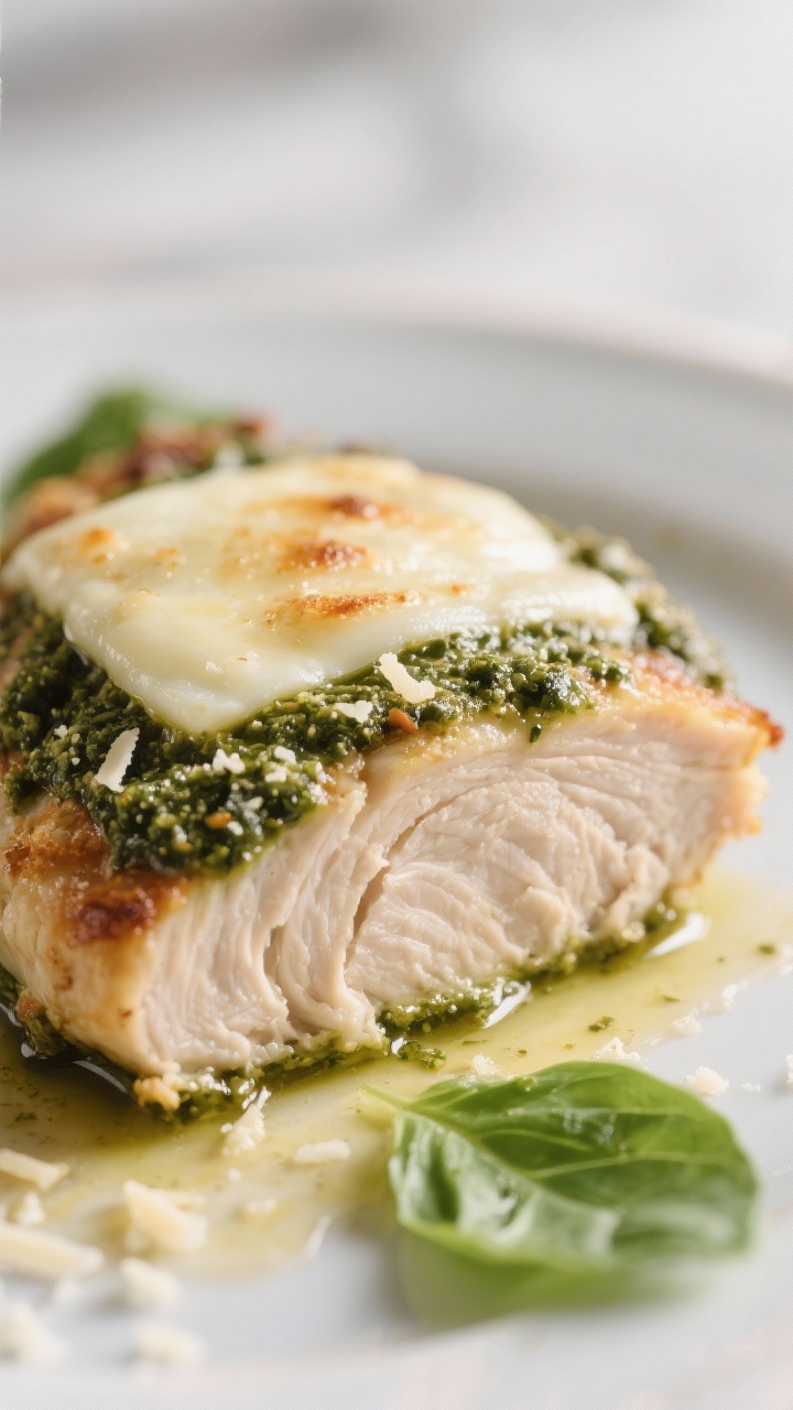 Close-up texture detail: Macro shot of a sliced piece of Baked Pesto Chicken showing juicy, opaque i