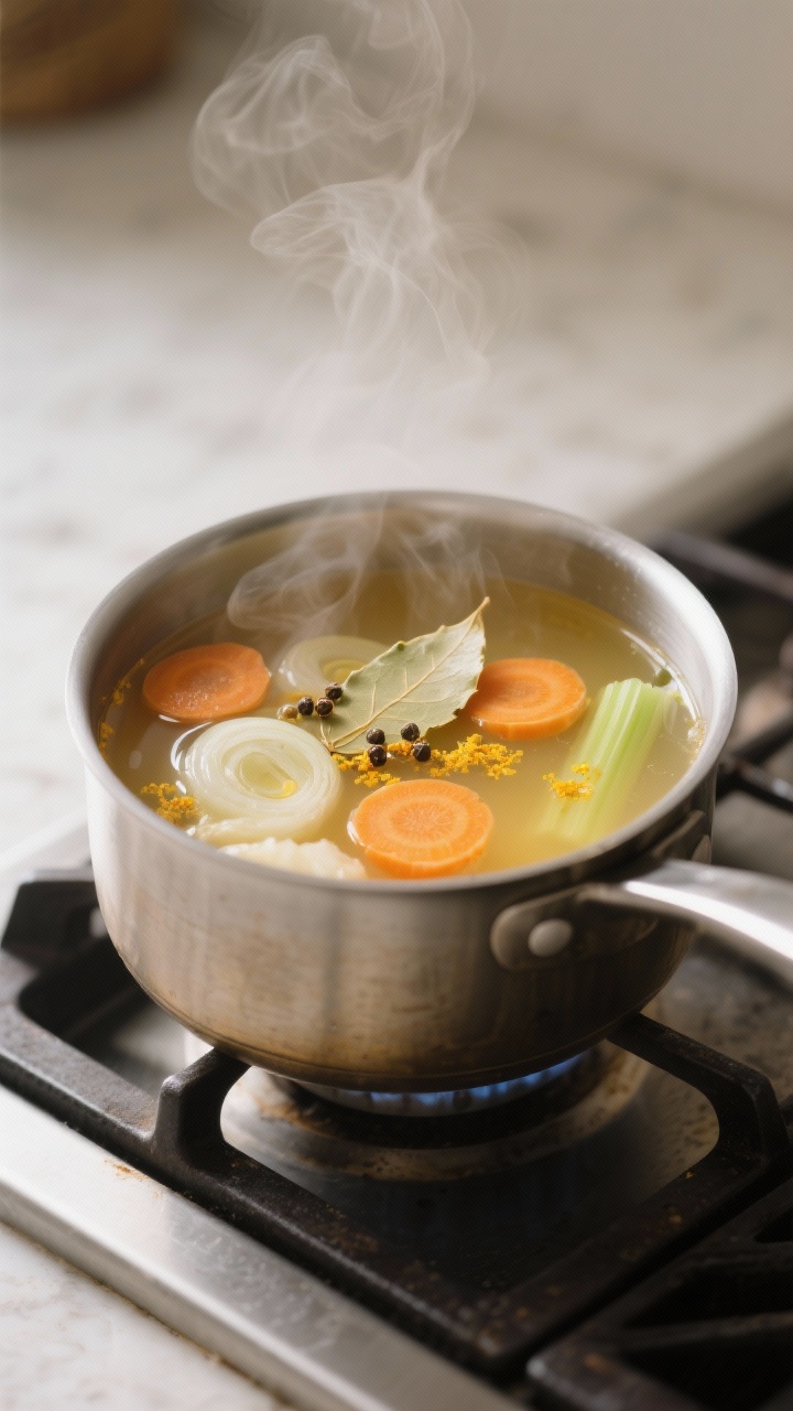 Cooking process: A small pot on the stove at a gentle simmer with a clear, golden chicken-broth subs