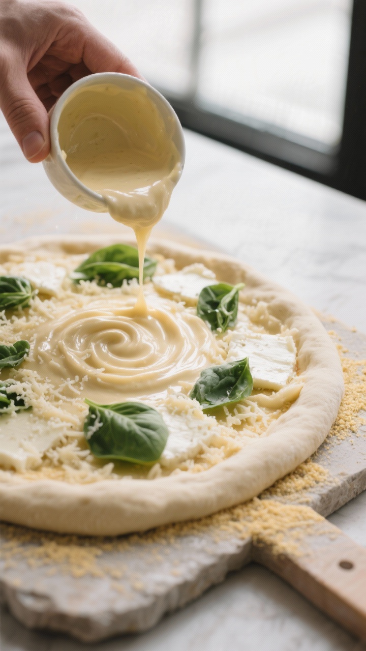 Cooking process: A stretched 12–14 inch pizza dough on a cornmeal-dusted peel, thin veil of silky 