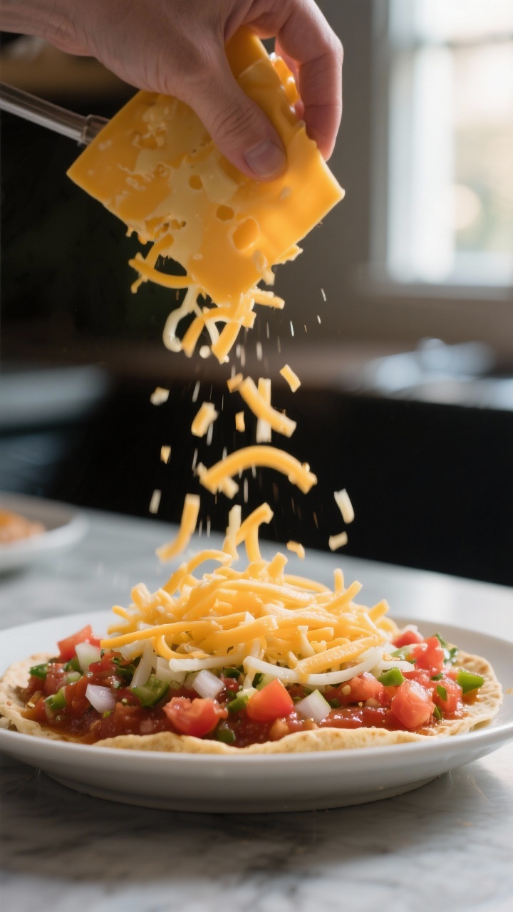 Cooking process/action: The “cheese time” step captured mid-sprinkle—shredded cheddar and Mont