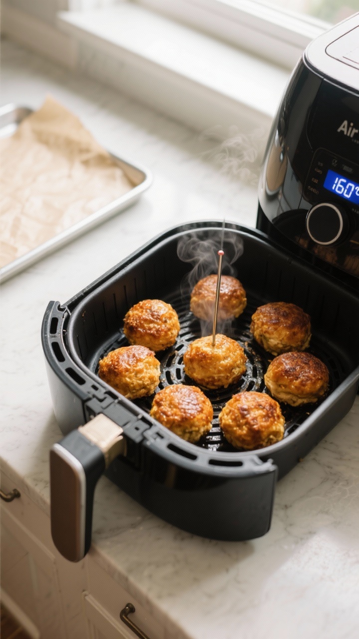 Cooking process: Air fryer basket just opened, golden-brown burger balls spaced evenly with crisped 