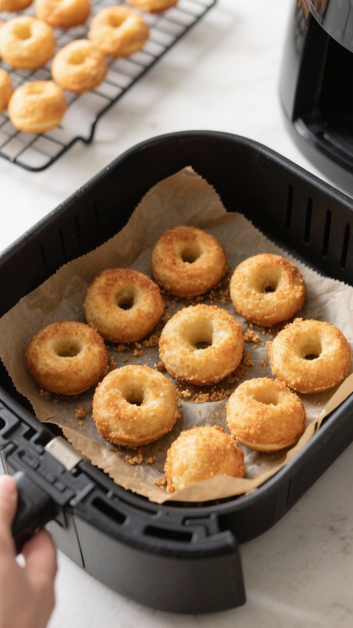 Cooking process: Air fryer basket lined with parchment holding a batch of evenly rounded keto donut 