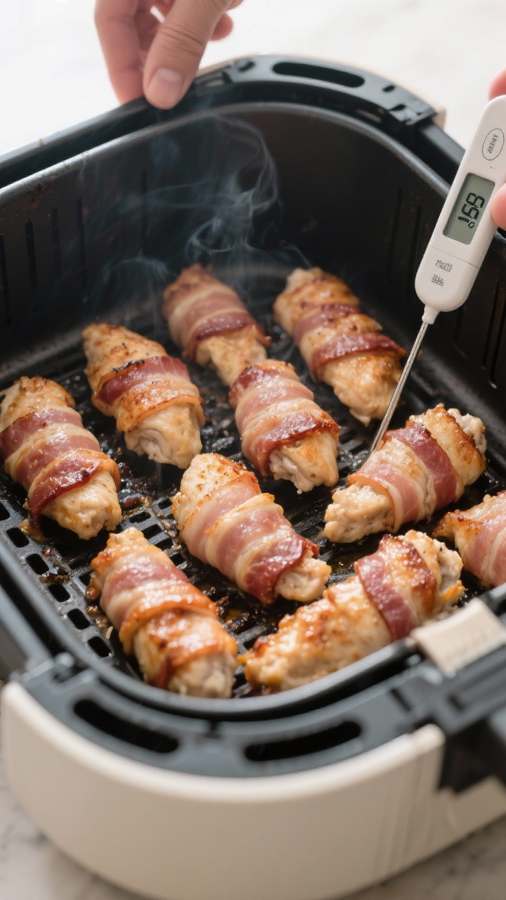 Cooking process: Air fryer basket mid-cook with evenly spaced bacon wrapped chicken tenders, seam-si
